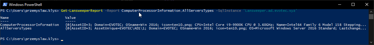 Hashtable-style PowerShell output returning results from multiple Lansweeper reports at once