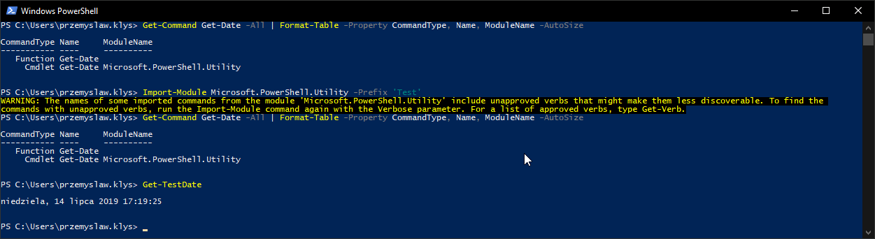 PowerShell output showing Get-TestDate after importing the module with a Test prefix