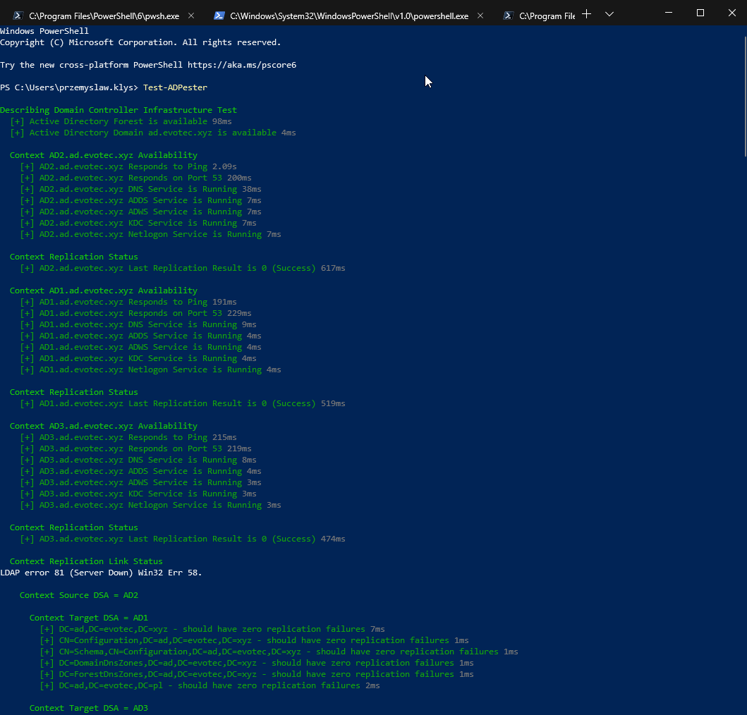 PowerShell output from Test-ADPester showing a simple health check summary for Active Directory.