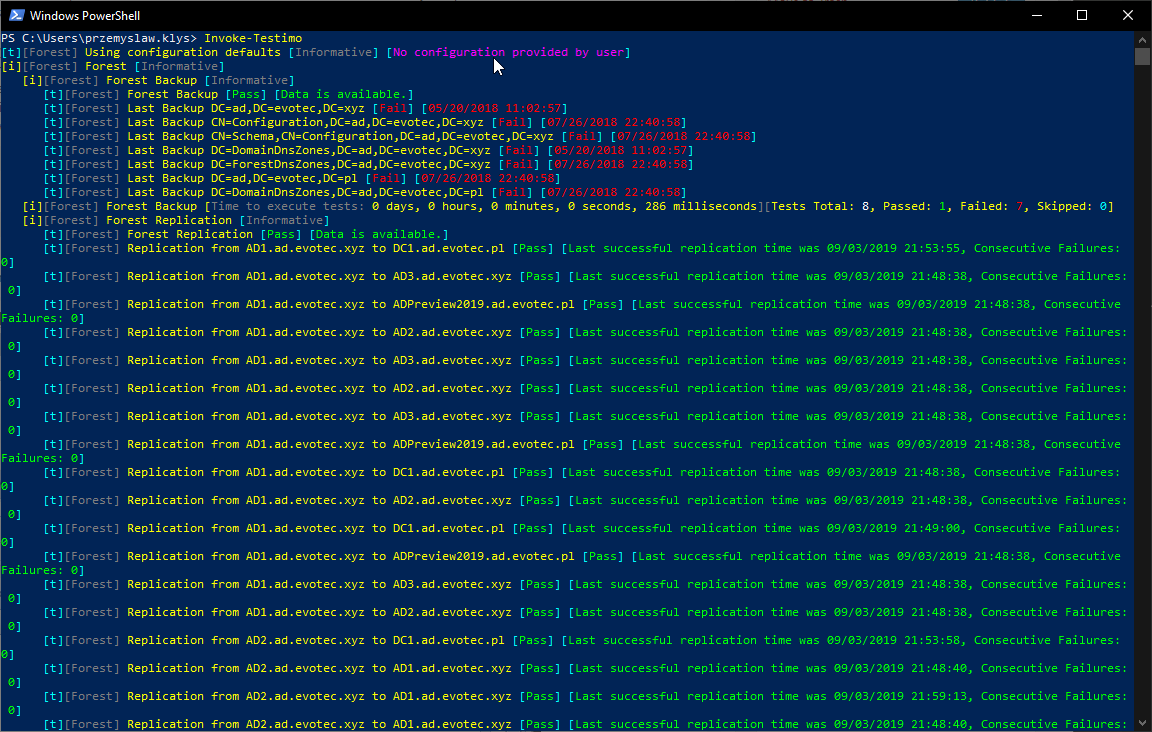 PowerShell output from Invoke-Testimo showing forest backup checks and the start of forest replication results.