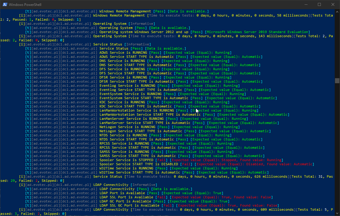PowerShell output from Invoke-Testimo showing Windows Remote Management, operating system, service status, and LDAP connectivity checks.