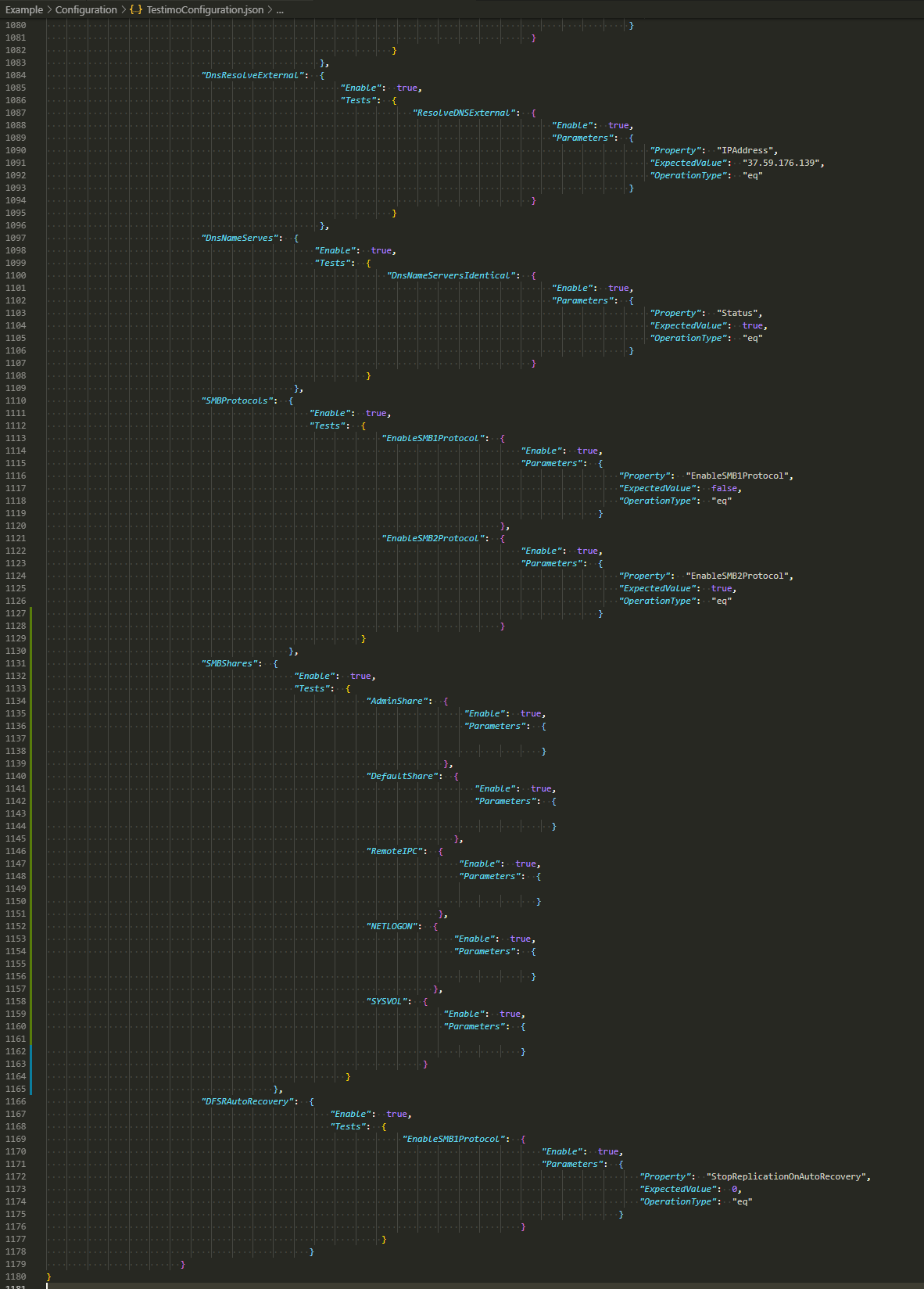 Testimo configuration JSON showing DNS, SMB, and DFSR sections.