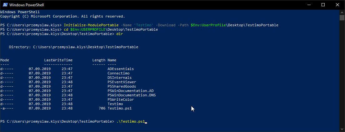 PowerShell window showing Initialize-ModulePortable downloading the Testimo dependencies and launching Testimo.ps1.