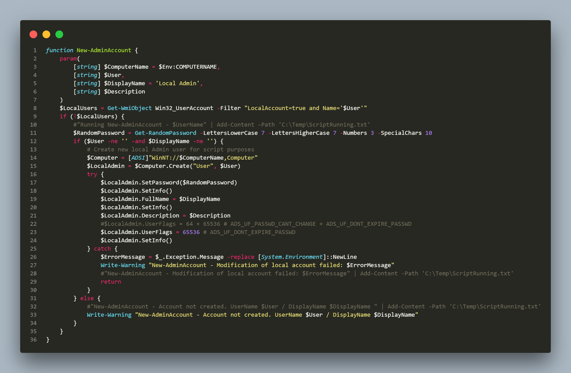 PowerShell function code for New-AdminAccount showing how the script creates a local user, sets a random password, and configures account properties.