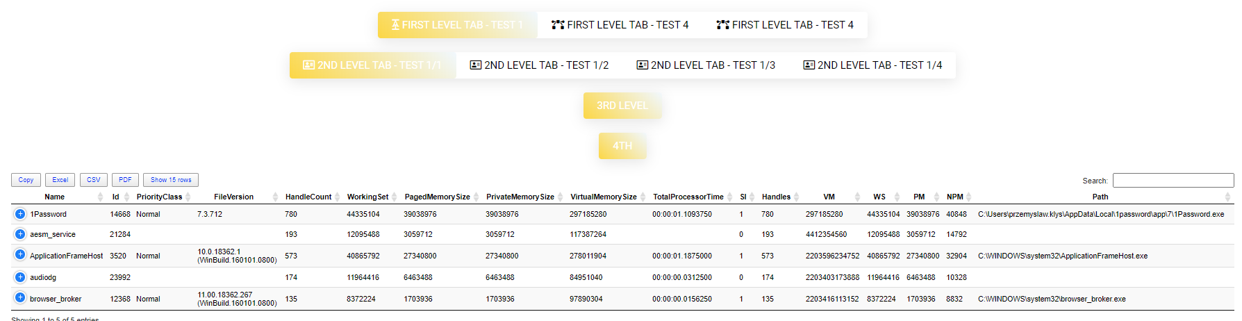 PSWriteHTML interface showing four levels of nested tabs