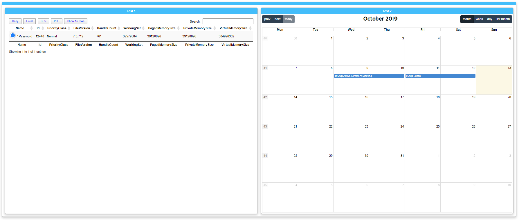 PSWriteHTML calendar showing Active Directory Meeting and Lunch events