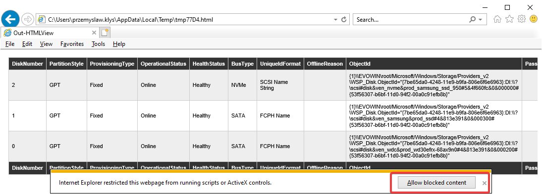 Internet Explorer report view showing the Get-Disk HTML table
