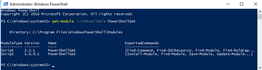 Get-Module -ListAvailable output showing both the bundled and newer PowerShellGet versions on the system.