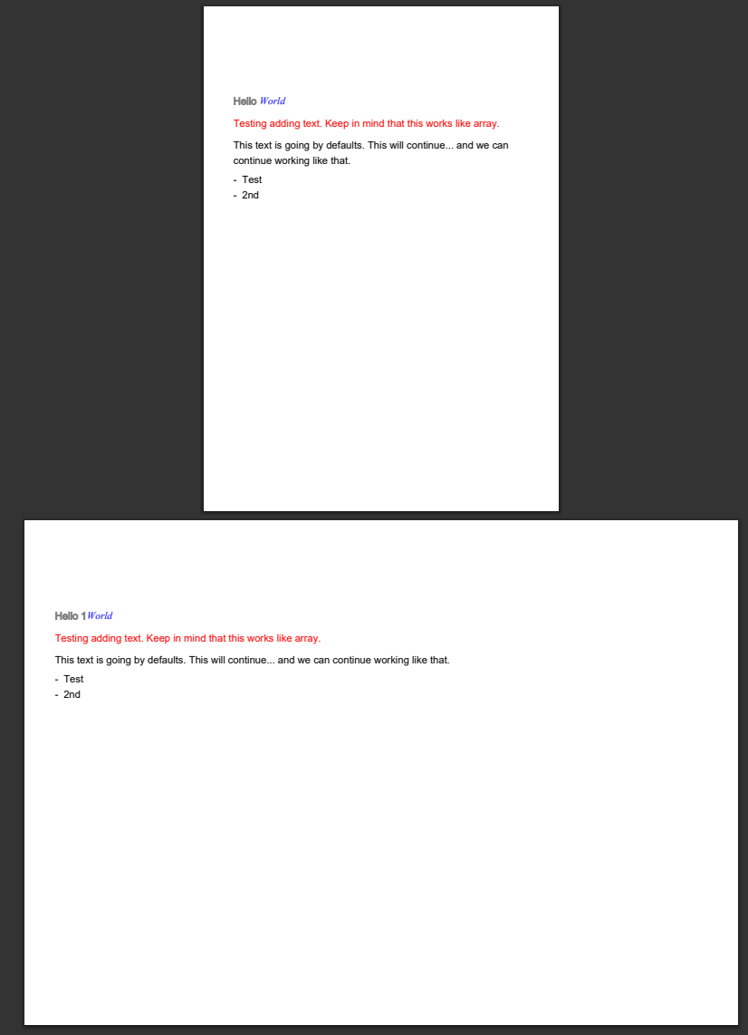 Generated PDF showing two sections with different page sizes and rotation