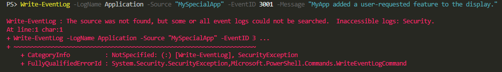 PowerShell error when Write-EventLog cannot search the Security log for the source