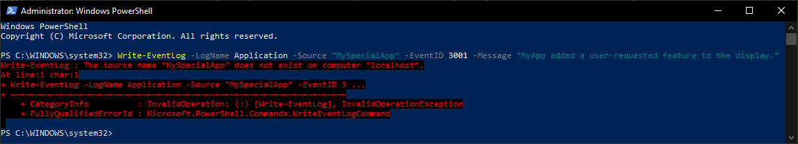 PowerShell error showing the MySpecialApp event source does not exist