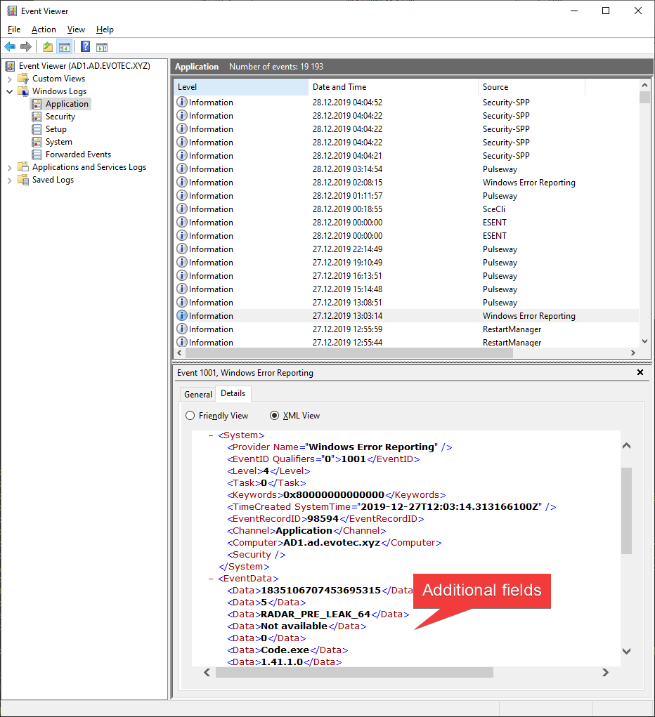 Event Viewer XML details showing additional event data fields