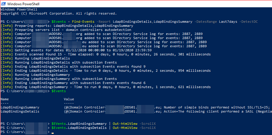 PSWinReportingV2 Find-Events output with LDAP binding reports