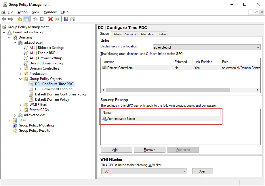 GPO security filtering view showing Authenticated Users removed