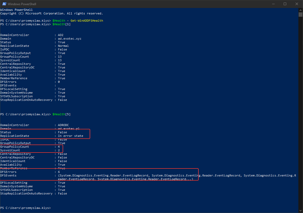 Detailed Get-WinADDFSHealth output for two domain controllers