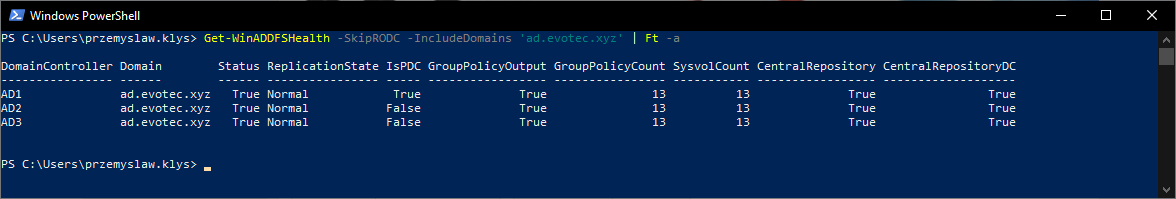 Filtered DFS health check results for the ad.evotec.xyz domain