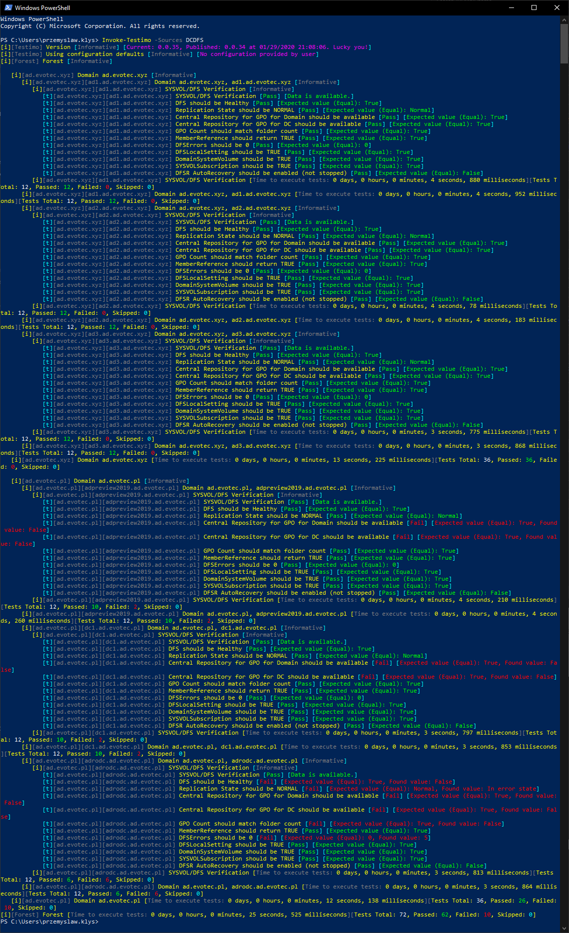 Invoke-Testimo console output for the DCDFS DFS health test