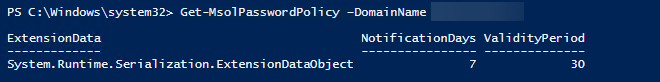 PowerShell command used to verify the password policy applied to synchronized Azure AD users