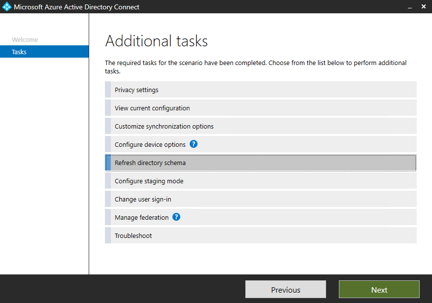 Azure AD Connect Additional tasks screen with Refresh directory schema selected