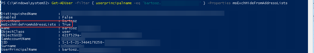 PowerShell output showing msExchHideFromAddressLists set to True