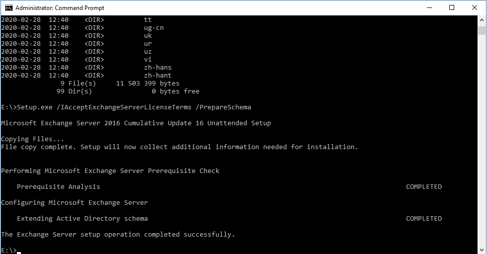Exchange Server setup preparing the Active Directory schema