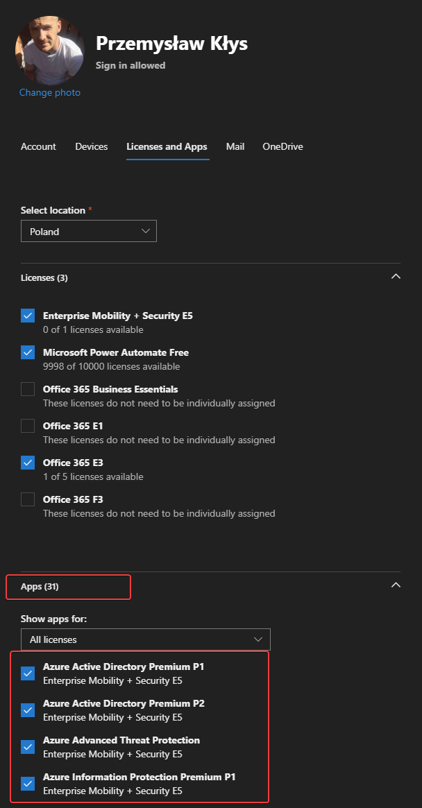 Office 365 license assignment screen with selected apps such as Microsoft Teams