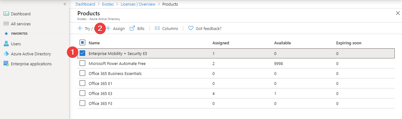 Azure AD license assignment workflow with the Assign action selected