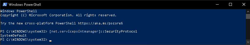 PowerShell SecurityProtocol output showing SystemDefault before explicitly enabling TLS 1.2.