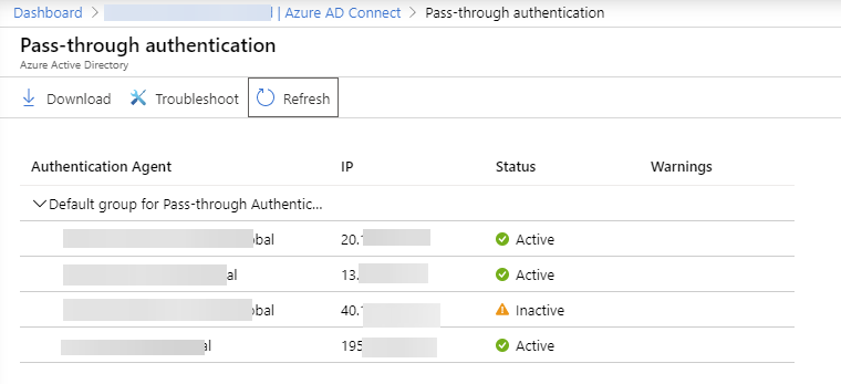 Azure AD Connect Pass-through authentication page showing one inactive authentication agent among active ones