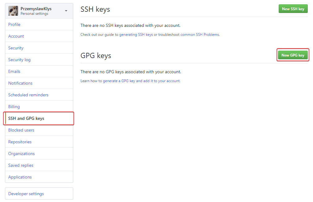 GitHub settings page for adding a new GPG key