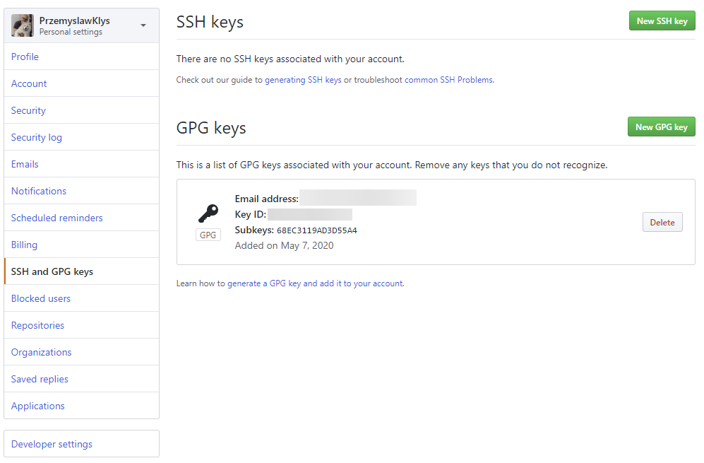 GitHub form with the exported public GPG key pasted into the key field