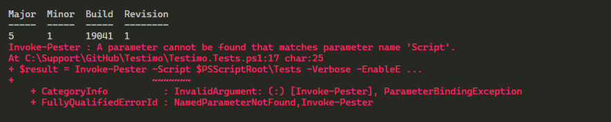 PowerShell output showing Invoke-Pester failing because the -Script parameter is not recognized in Pester 5