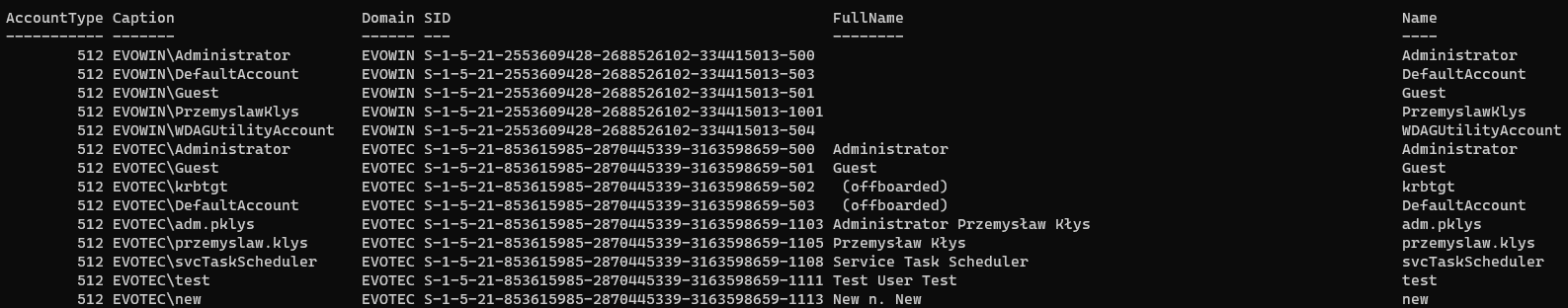 Unfiltered Win32_UserAccount query returning Active Directory users as well as local accounts, explaining the slowdown.