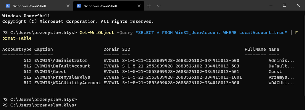 Win32_UserAccount WMI query output listing local accounts returned by Get-WmiObject in PowerShell.