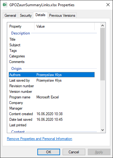 Windows Explorer Details tab showing metadata for an Excel file