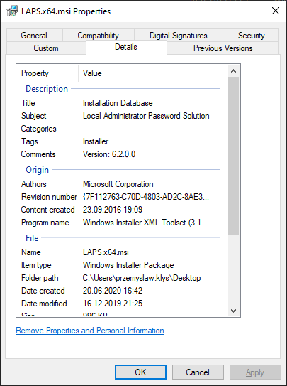 Windows Explorer Details tab showing metadata for an MSI installer