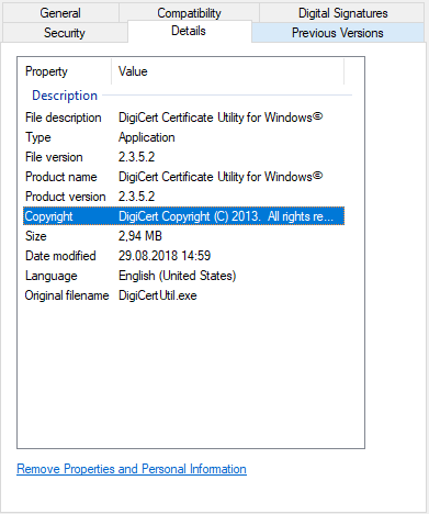 Windows Explorer Details tab showing metadata for an EXE application