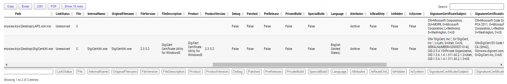 Out-HtmlView report showing extended metadata and signature details for files