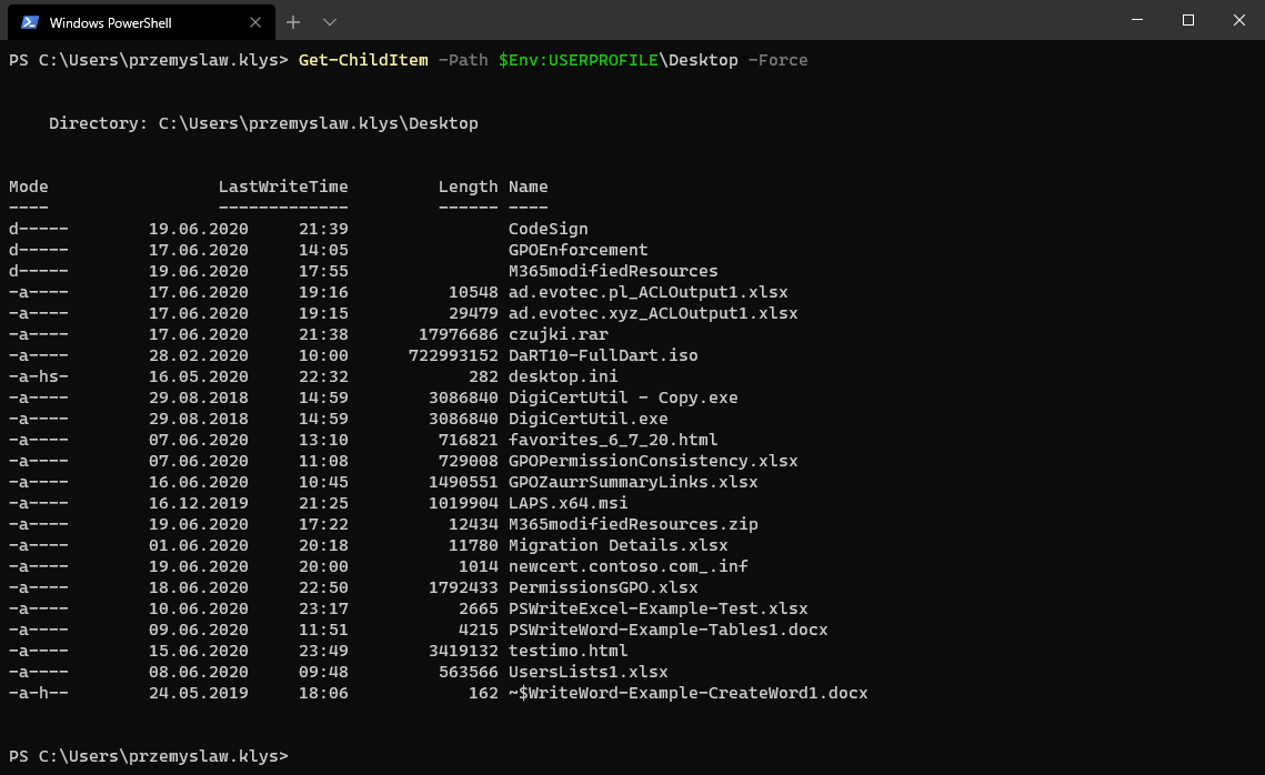 PowerShell Get-ChildItem output listing files on the desktop