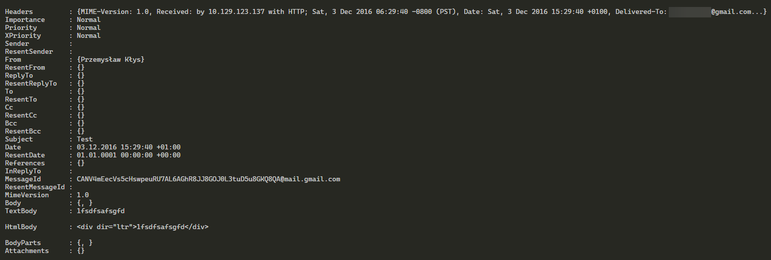 PowerShell output showing properties of a POP3 email message returned by Get-POP3Message
