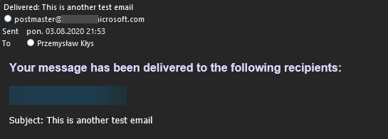 PowerShell output confirming successful SMTP delivery for the test email