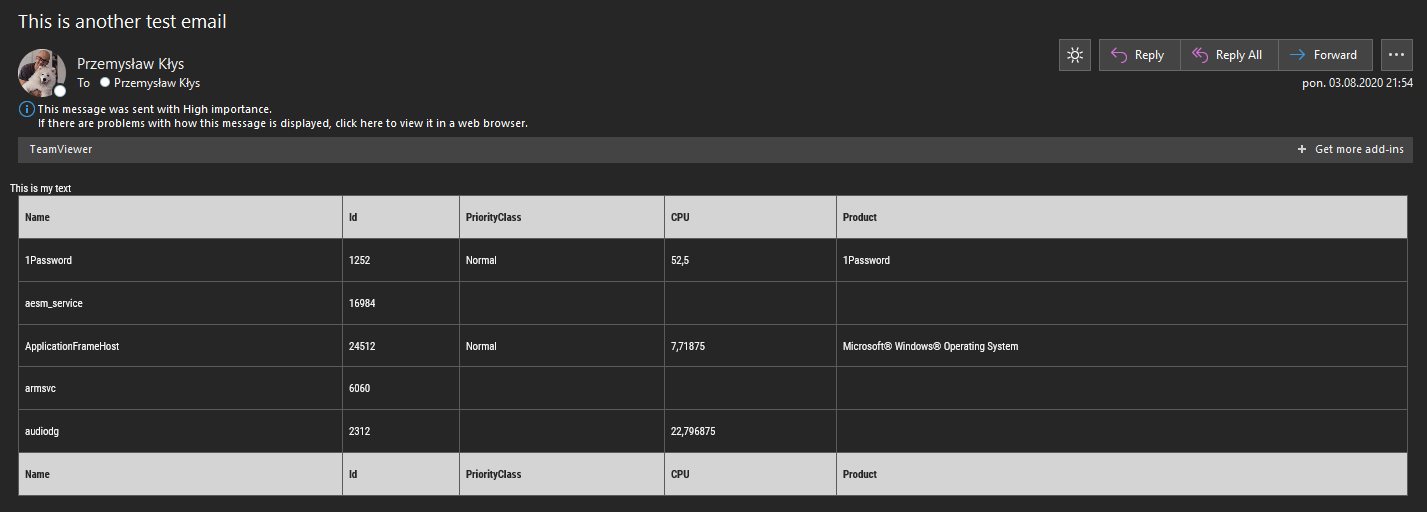 Email client view showing the second Mailozaurr test message with the same content sent using a different parameter set