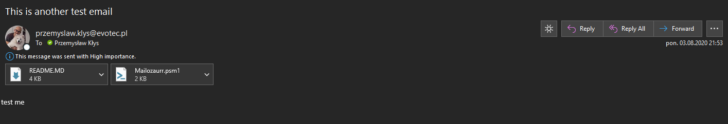 Email client view showing the first Mailozaurr test message rendered from the generated HTML body