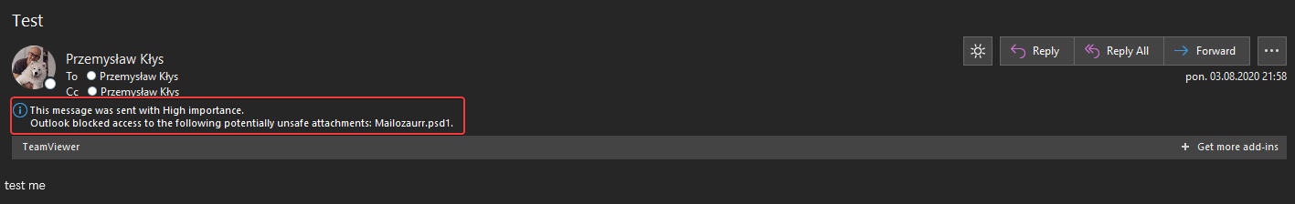 Outlook warning showing that the attached PSD1 file was blocked in the received message