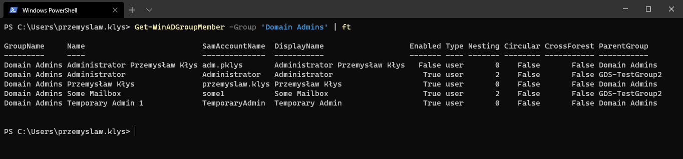 Table output from Get-WinADGroupMember -Group Domain Admins showing nesting and cross-forest columns.