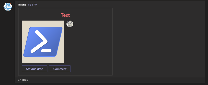 Basic adaptive card in Microsoft Teams with two images, a title, and action buttons