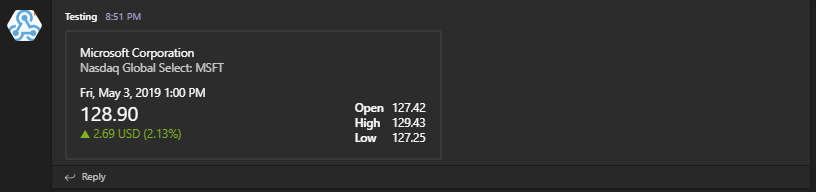 Adaptive stock summary card in Microsoft Teams for Microsoft shares with price and market facts