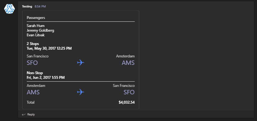 Adaptive flight summary card in Microsoft Teams with passenger list, route, and total cost