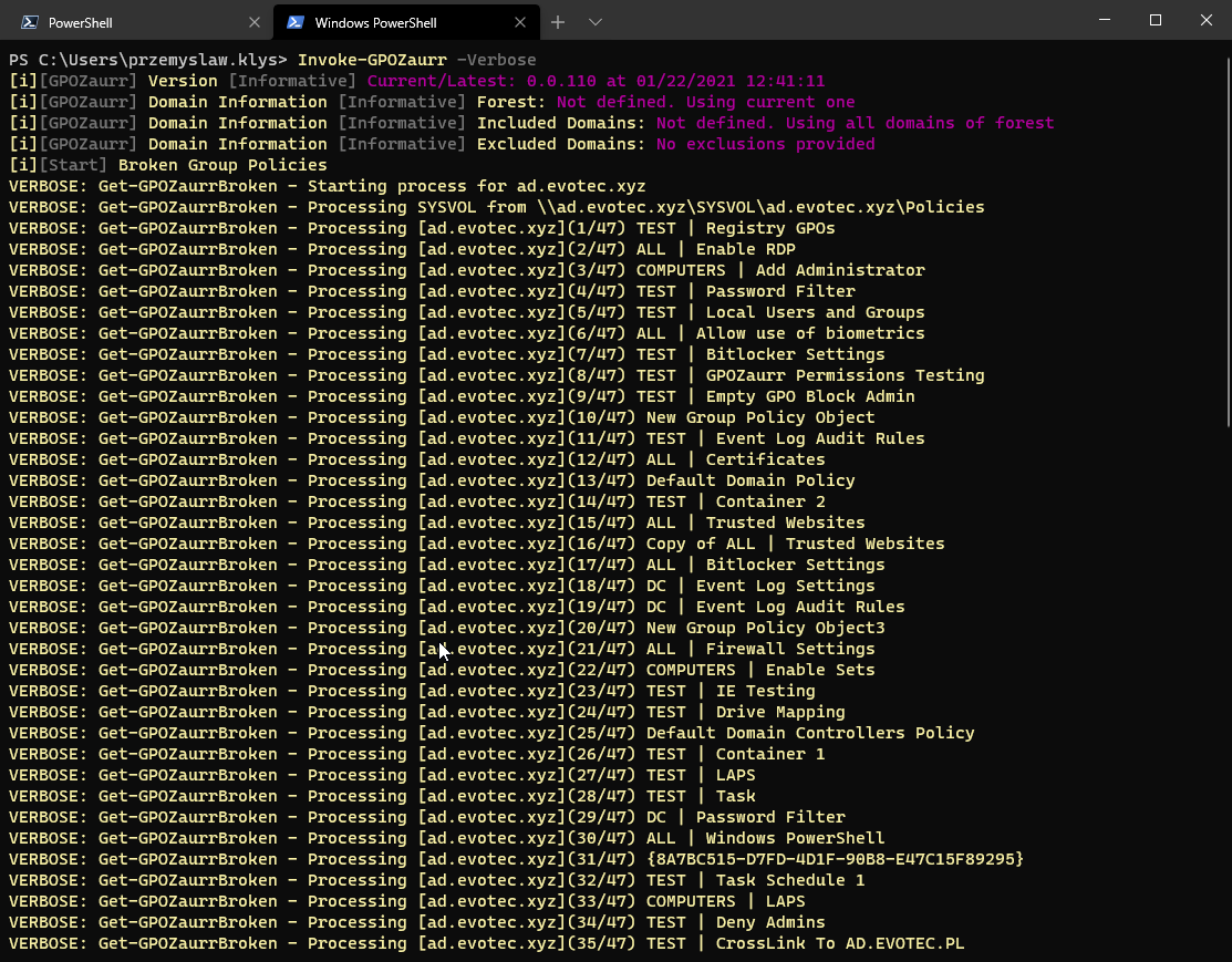 Verbose Invoke-GPOZaurr console output showing each report as it is processed.