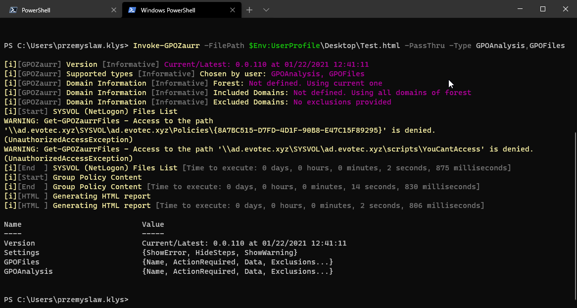 Invoke-GPOZaurr console output showing report generation progress and warnings during a run.